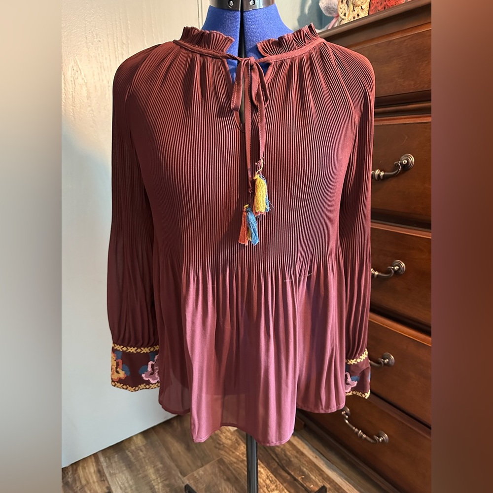 Grant & Greene long sleeve wine colored dressy top, pleated sheer material, L